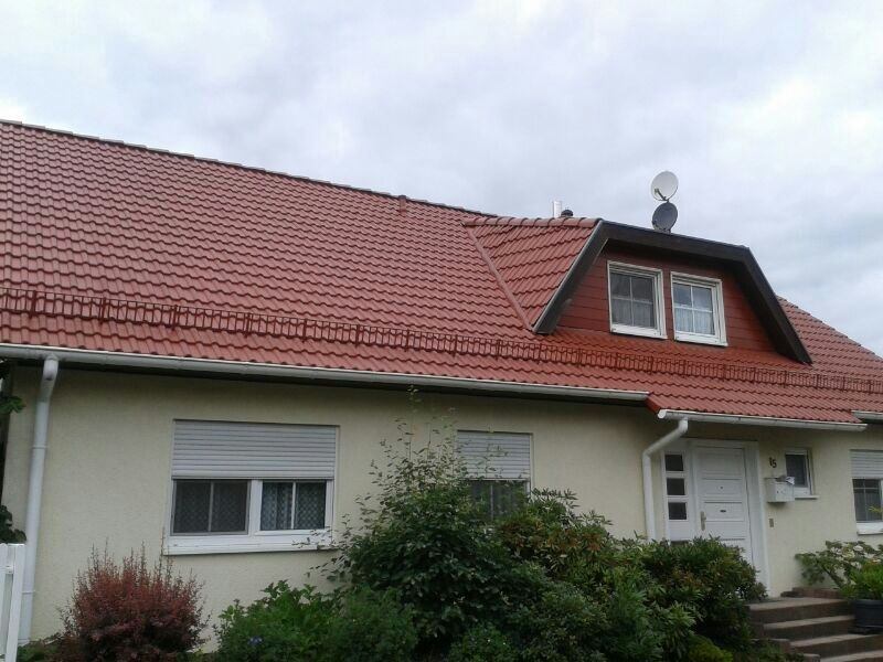 Professionelle Dachbeschichtung auf einem Satteldach mit Gaube; die roten Dachpfannen wirken wie neu gedeckt und sind optimal versiegelt.