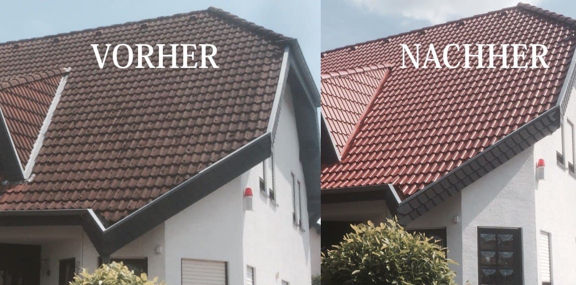 Ein Vorher-Nachher-Vergleich einer Dachreinigung oder Dachbeschichtung an einem Einfamilienhaus.